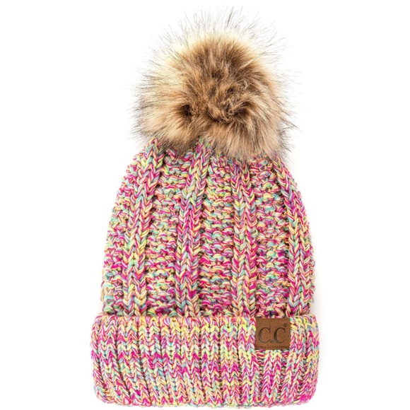 C.C Multi Color Fuzzy Lining Beanie Hat with Pom - Picture 1 of 1